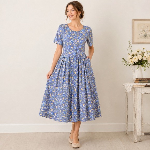 Laura Ashley Dresses & Skirts - Vtg Laura Ashley Made in UK Floral Cotton Prairie Cottage Midi Dress Women 14